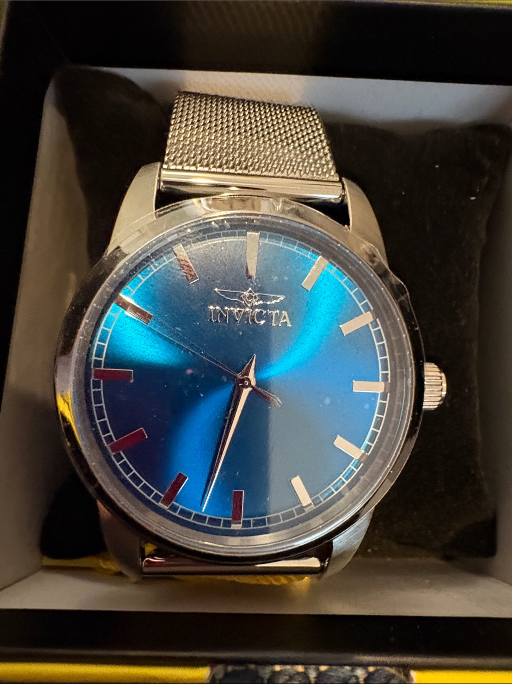 Invicta Silver Mesh Watch With Blue Sunburst Dial